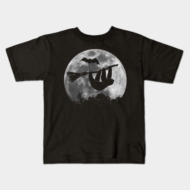 Sloth Silhouette On Broom | Full Moon Halloween Witch Kids T-Shirt by SkizzenMonster